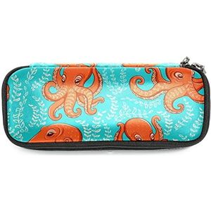 Potlood Case Organizer met grote capaciteit, lederen studenten briefpapier tas, dubbele rits potlood pen doos tas cartoon octopus blauwe bladeren, Multi kleuren 1, 19x7.5x3.8cm/7.5x3x1.5in, Tas Organizer