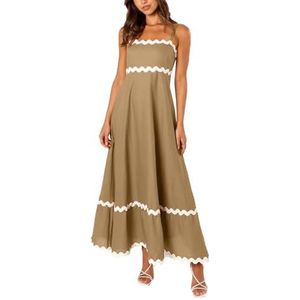 Dames zomer maxi-jurk casual boho mouwloze spaghettibandjes gesmokte lange strandzonjurken(Color:Khaki A,Size:Large)