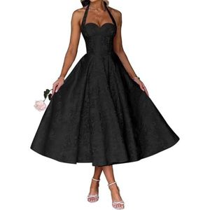 AHERKLL Spaghetti Bandjes Bruidsmeisjes Jurken Jacquard Satijn Halter Formele Avond Feest Maxi Jurk HAH046, Zwart, 32