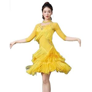 Jurken voor Latijns Amerikaanse dansvoorstellingen Cha Cha Danskleding met 3/4 Mouwen Dames Salsa Ballroom kostuums Tango Danskleding met gelaagde kwastjes Rok voor Rumba,D,3XL