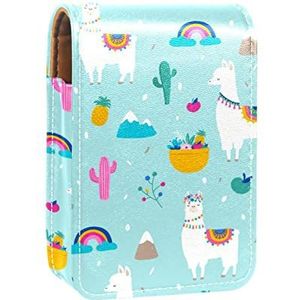 Make-up Lipstick Case voor Buiten Alpaca Cactus Regenboog Blauw Draagbare Lippenstift Organizer met Spiegel Dames Mini Make-up Tas Neemt Tot 3 Lippenstift