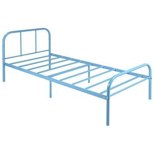 FurnitureR Eenpersoons metalen bedframe, versterkt staal, stevige ondersteuning, constructie matrasbasis, onder bed, grote opbergruimte, volwassenen, kinderen, tieners, 190 x 90 cm, blauw