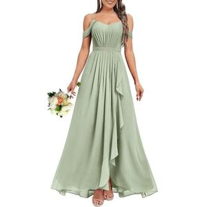 HPPEE Dames V-hals koude schouder bruidsmeisjes jurken met split ruches chiffon formele avondjurk, Sage Groen, 32