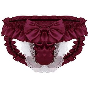 qudang Heren Sissy Slipje Slip Satijn Onderbroek Shorts Slipje Mannen Sexy Ondergoed Lingerie met Ruches Heren Crossdressing Kostuum String Tanga (Rood, M, 2 - wijnrood, M