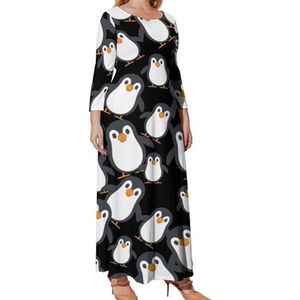 Pinguïn Grafische Plus Size Jurk Voor Vrouwen Casual Lange Mouw Maxi Jurken