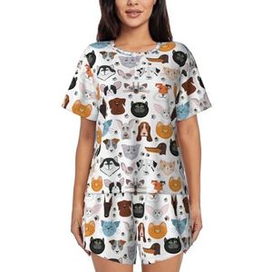 YQxwJL Cartoon Kat En Hond Print Vrouwen Pyjama Sets Shorts Korte Mouw Lounge Sets Nachtkleding Casual Pjs Met Zakken, Zwart, L
