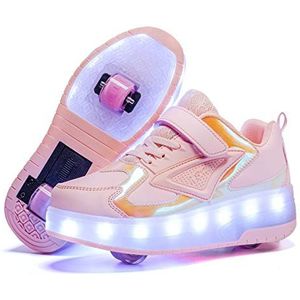 Led-verlichting, USB, oplaadbaar, knipperlichten, kleur, verandering, multisport, outdoor, dubbele wielen, sport, gymnastiek, sneakers met rol, meisjes, jongens, 29 EU