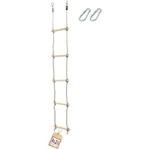 h2i Gebreide ladder voor kinderen, klimladder met 5 houten spijlen, hangladder van hout, touwladder incl. karabijnhaak, outdoor klimspeelgoed, hoogte 180 cm