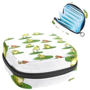 Opbergtas voor maandverband, menstruatiecup zakje, menstruatiezak, organizer voor vrouwelijke pads, tampons, cartoonkikkers die spelen op lotusblad
