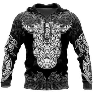 Viking Unisex Lange Mouw Viking HoodieVoor Mannen Nordic Wolf Pullover Hoodies Viking Tattoo Patroon Herfst ModeVintage Sweatshirt Jas Hoodie ZIP (Color : Hoodies, Size : XXL)