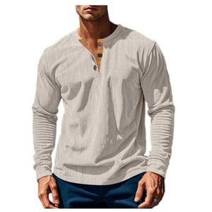 Heren Casual Ronde Hals Lange Mouw T-shirts Knoopsluiting Corduroy Slim-fit Ademend Effen Kleur Pullover ﻿ ﻿ ﻿(Apricot,3XL)