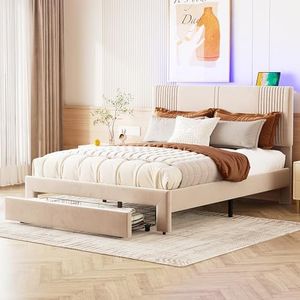 Moimhear Gestoffeerd bed 140 x 200 cm, tweepersoonsbed met lichtstrip en USB-stopcontact, rugleuning en grote lade, huidvriendelijk tweepersoonsbed in fluweel, beige (140 x 200 cm)