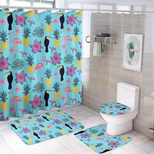 Toekan en flamingo ananas 4 stuks badkamer sets met douchegordijn toilet deksel en tapijten
