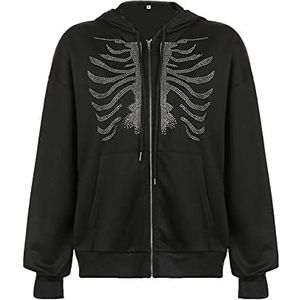 Hudhowks Y2k Skeleton Zip Up Hoodies, dames hoodie met doorlopende ritssluiting, met skeleton Skull bedrukte hoodie oversized bedrukte jas met lange mouwen