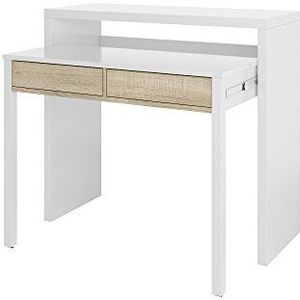 Mèrida Uitschuifbaar bureau, uittrekbaar, ruimtebesparend bureau, 2 laden, plank, 98,5 x 87,5 x 36 cm, wit en eiken