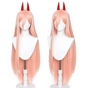 Anime Power Cosplay pruik voor Chainsaw Man, vrouwen update lange rechte Halloween pruik met twee hoorns Halloween party kostuum pruik pet