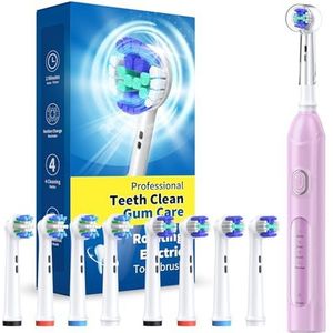 Roterende elektrische tandenborstel voor volwassenen met 8 opzetborstels (2 soorten), 4 modi diepe schone elektrische tandenborstel met oplaadbare voeding en 2 minuten slimme timer, snel opladen