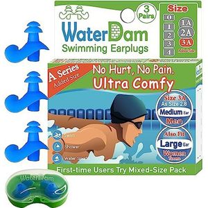 WaterDam A-serie Zwemmen Oordoppen Ultra Comfy Geweldige Waterdichte Oordopjes - Maat 3A (Blauw) Geweldig voor Smalle Oren zoals Maat 2.8 - Medium Oor Mannen & Grote Oor Tieners & Vrouwen