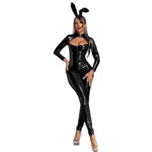 WEITING Wet-look PVC latex catsuit + hoofdband, lange mouwen, open kruis, glanzende PU-lederen jumpsuit, sexy Bunny Girl, cosplay, clubwear-kleding, zwart, B-XXXL