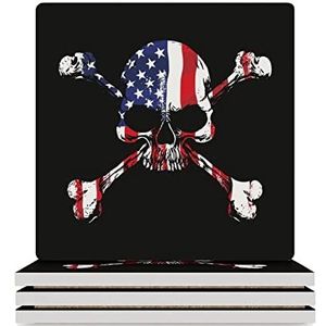 Amerikaanse vlag schedel onderzetters voor drankjes set absorberende vierkante keramische beker mat met kurk basis 4 stuks