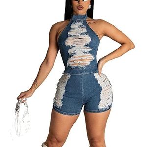 2023 Sexy Denim Jumpsuit Met Halternek Zonder Rug Voor Dames Slanke Rompertjes Van Gescheurde Gewassen Jeans Met Hoge Taille Elastische Korte Broek (Color : Blue, Size : S)