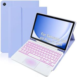 Toetsenbordhoes voor Samsung Galaxy Tab A9+/A9 Plus 11'' 2023, 7-Kleuren Achtergrondverlichting, Smart Trackpad, Magnetisch Afneembaar Draadloos Toetsenbord met S-Penhouder,Purper