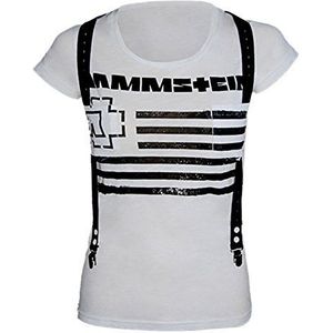 Rammstein Dames T-shirt Suspender Officiële Band Merchandise Fan Shirt wit met zwarte voorkant en back print, wit, L