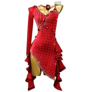 Vrouwen V-hals Salsa Latin Dance Dress Single Sleeve Tango Ballroom Dancing Kostuum Hollow Cha Cha Competities Kostuums Moderne Dancewear Rhinestones,Winered,4XS