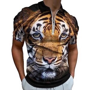 Headshot van Indochinese tijger poloshirt voor mannen, casual T-shirts met ritssluiting en kraag, golftops, slim fit