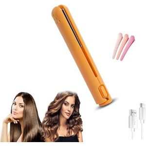 Mini Dual-Purpose Krultang, 2-in-1 Mini Krultang Stijltang Haar, Draagbare Keramische Mini Haar Krultang, Snoerloze Stijltang Reis Krultang for Lang Kort Haar USB Oplaadbaar(Orange)
