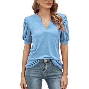 Dames casual T-shirt V-hals korte mouw T-shirts tops zomer basic blouse Y2K Trend Klassiek T-shirt, Blauw, L