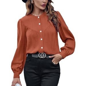 2024 Damesmode Effen Kleur Shirt Met Lange Mouwen Klassieke Ronde Hals Single Breasted Shirt Losse Casual Blouse Tops (Color : Brick red, Size : M)