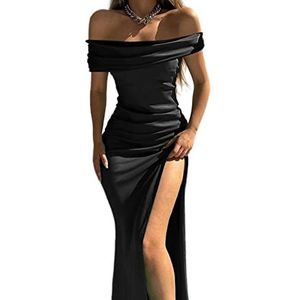 Vrouwen Glanzende Stretch Off Shoulder Jurk Effen Kleur One-Line Hals Jurk Sexy Slit Lange Rok Party Avondjurken Tuniek Jurk Pullover