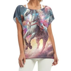 Space Unicorn Horse Damesshirt met korte vleermuismouwen en ronde hals, losse tops voor meisjes, Patroon, XL
