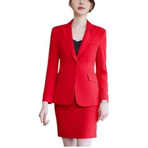 Dames lente en zomer slanke rok pakken vrouwen elegante effen blazers + rok 2-delige set, Rood, S