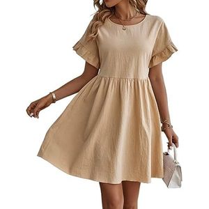 jurken voor dames Effen gesmokte jurk met uitlopende mouwen - Leuke casual A-lijn jurk met korte mouwen (Color : Apricot, Size : XL)