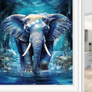 Abstracte olifant privacyfolie, vintage, natuur, blauw dier, fantasie glas-in-loodfolie, zonwerend, warmteregulerend, decoratieve raambedekkingsfolie voor thuiskantoor, 70 x 100 cm
