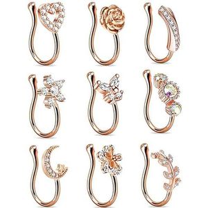 BOSREROY 9 STKS Strass Niet Piercing Mini Clip Oor Ring Sieraden Nep Neus Manchet Faux, Metaal, Geen edelsteen