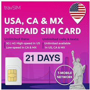 travSIM VS, Canada Mexico SIM-kaart | T-Mobile netwerk | 50 GB data voor de VS, 5 GB voor Canada en Mexico | Onbeperkt nationaal bellen en sms'en | 21 dagen geldig