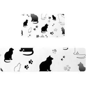 VAPOKF 2 stuks keukenmat zwarte kat en witte kat, antislip wasbaar vloertapijt, absorberende keukenmat loper tapijt voor keuken, hal, wasruimte