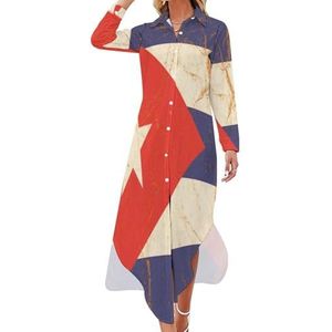Cuba vlag op verfrommeld papier dames maxi-jurk lange mouwen knopen overhemd jurk casual feest lange jurken 2XL