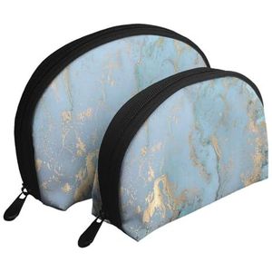 Make-uptas, cosmetische reistas, 2 stuks draagbare clutch pouch-set zakje organizer marmer goud effect blauw blauw groenblauw marmering, zoals afgebeeld, Eén maat
