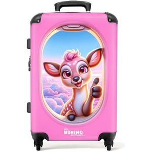 NoBoringSuitcases.com © Reiskoffer Harde koffer Trolley Kinderkoffer Grote koffer Reiskoffer met 4 wielen, TSA-slot (Vrolijk jong hertje zichtbaar in vliegtuigraam), (Middelgroot 67x43x25 cm)