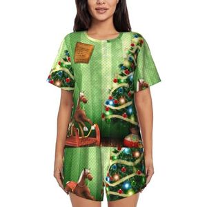 Kerstboom Print Dames Zomer Zachte Tweedelige Bijpassende Outfits Korte Mouw Pyjama Lounge Pyjama Sets, Zwart, M