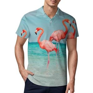 Flamingo staande in de heldere blauwe zee heren golfpoloshirt slim fit T-shirts korte mouw casual print tops 2XL