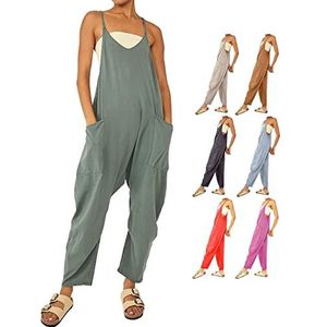 Wide Leg Jumpsuit with Pockets Women Plus Size Casual Loose Sleeveless Spaghetti Strap Solid Color Jumpsuits Rompers (M,green)