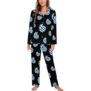 Griekenland Hart Liefde Retro Vlag Vrouwen Lange Mouw Button Down Nachtkleding Zachte Nachtkleding Lounge Pyjama Set L