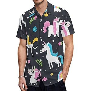 Magisch paard met hoorn en feeënelementen Hawaiiaanse shirts voor heren, korte mouwen, casual overhemd met knopen, vakantie, strandshirts, XS