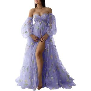 KIYNE Zwangerschapsjurk voor dames, met bloemenborduurwerk, tule, zwangerschapsjurk voor fotoshoot, vogeljurk, zwangerschapsjurk voor babyborrel, Lavendel, 32