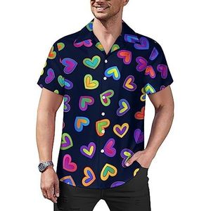 Heldere gradiënt kleurrijke harten heren casual button-down shirts korte mouw Cubaanse kraag T-shirts tops Hawaiiaans T-shirt S